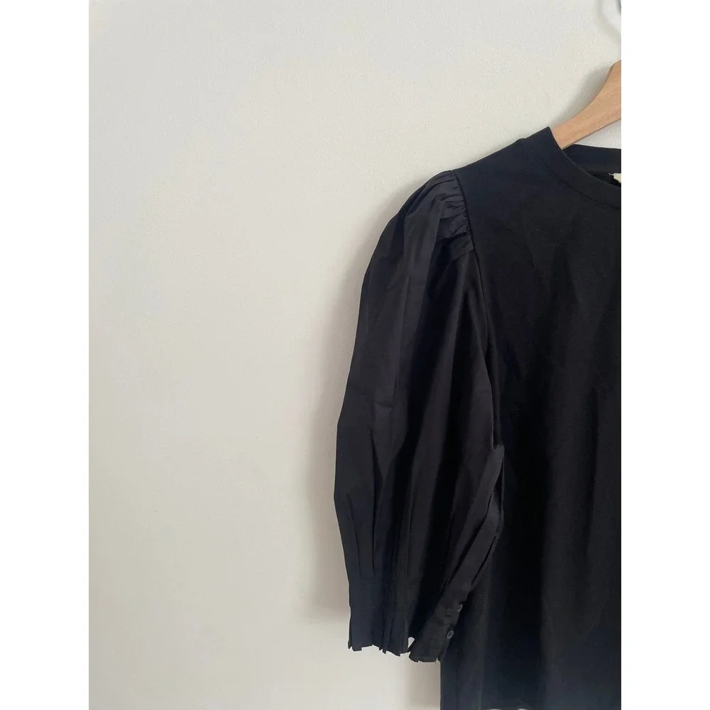 NWT Madewell Puff Sleeve Top Women Small Black Mixed Media Poplin NV971